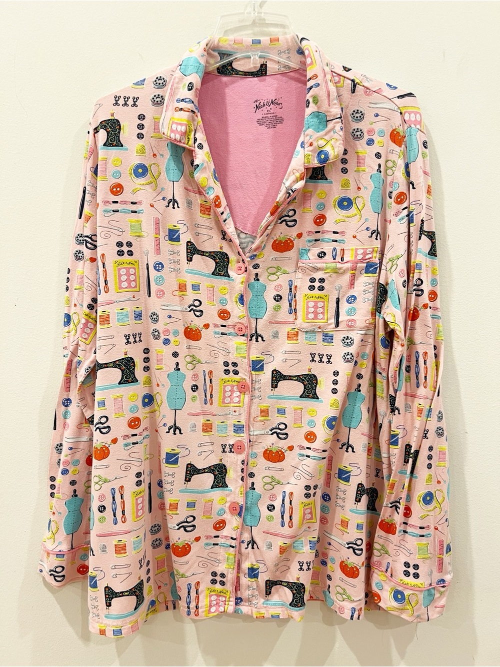 Nick Nora Pajama Top Shirt XXL 2XL Sewing Novelty Print Long Sleeve Button Up